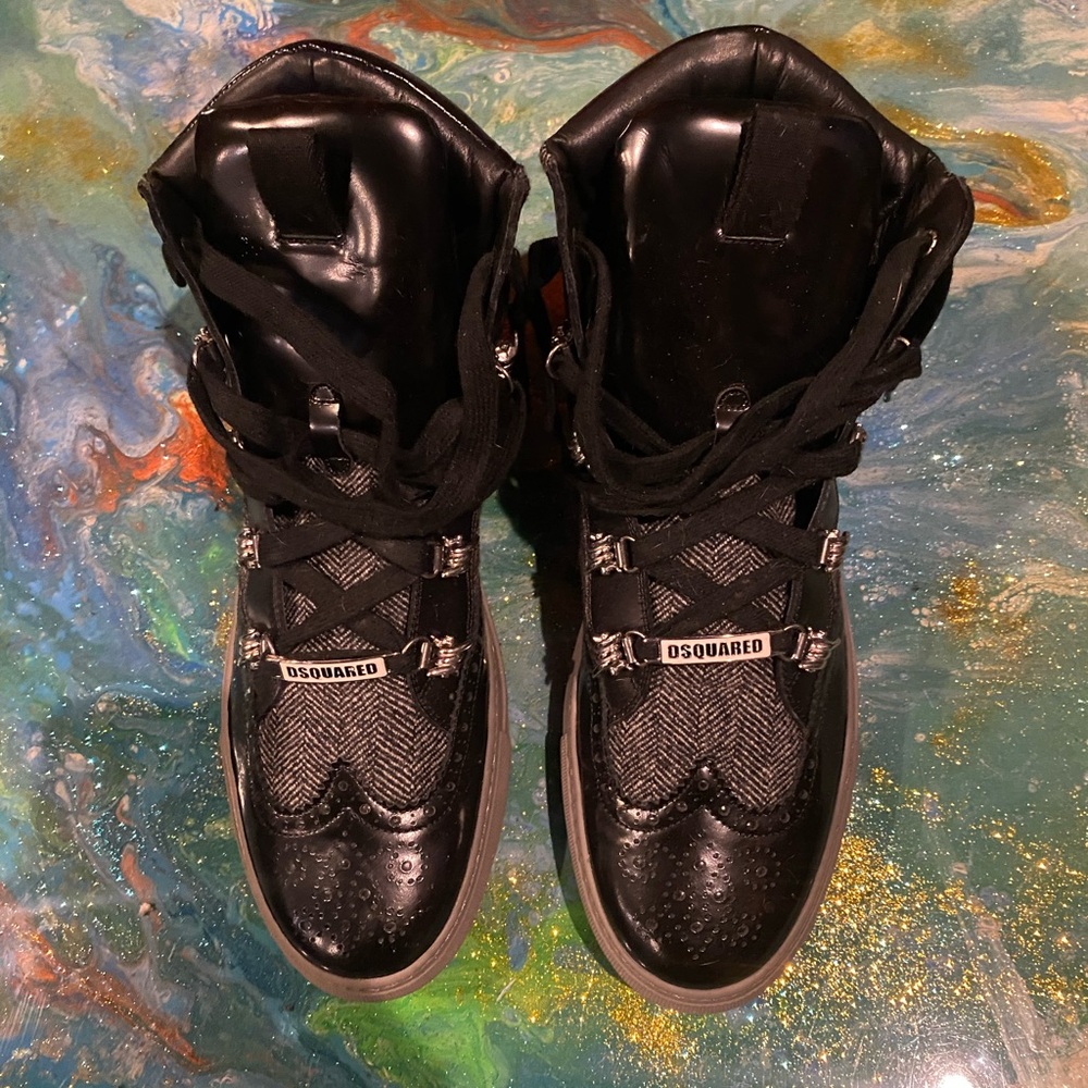 DSQUARED Black/Grey tweated leather / padded leather Textured High-Tops S 44 (12